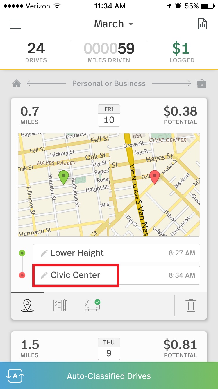 Screenshot of the MileIQ mobile app showing the first step of naming a location, which is tapping on the end location field in the drive card.