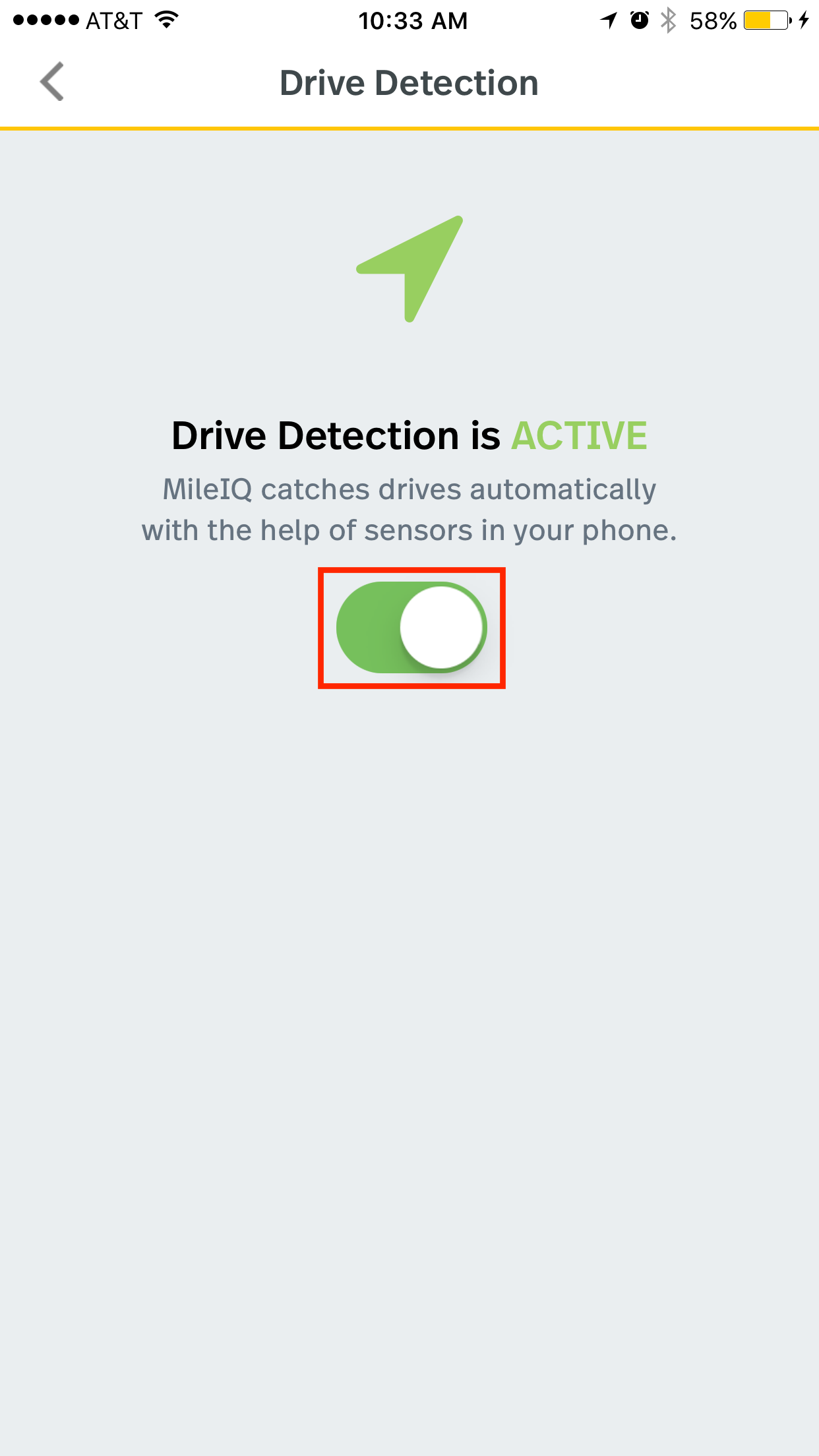 This image shows the drive detection page showing the drive detection toggle as green and active.