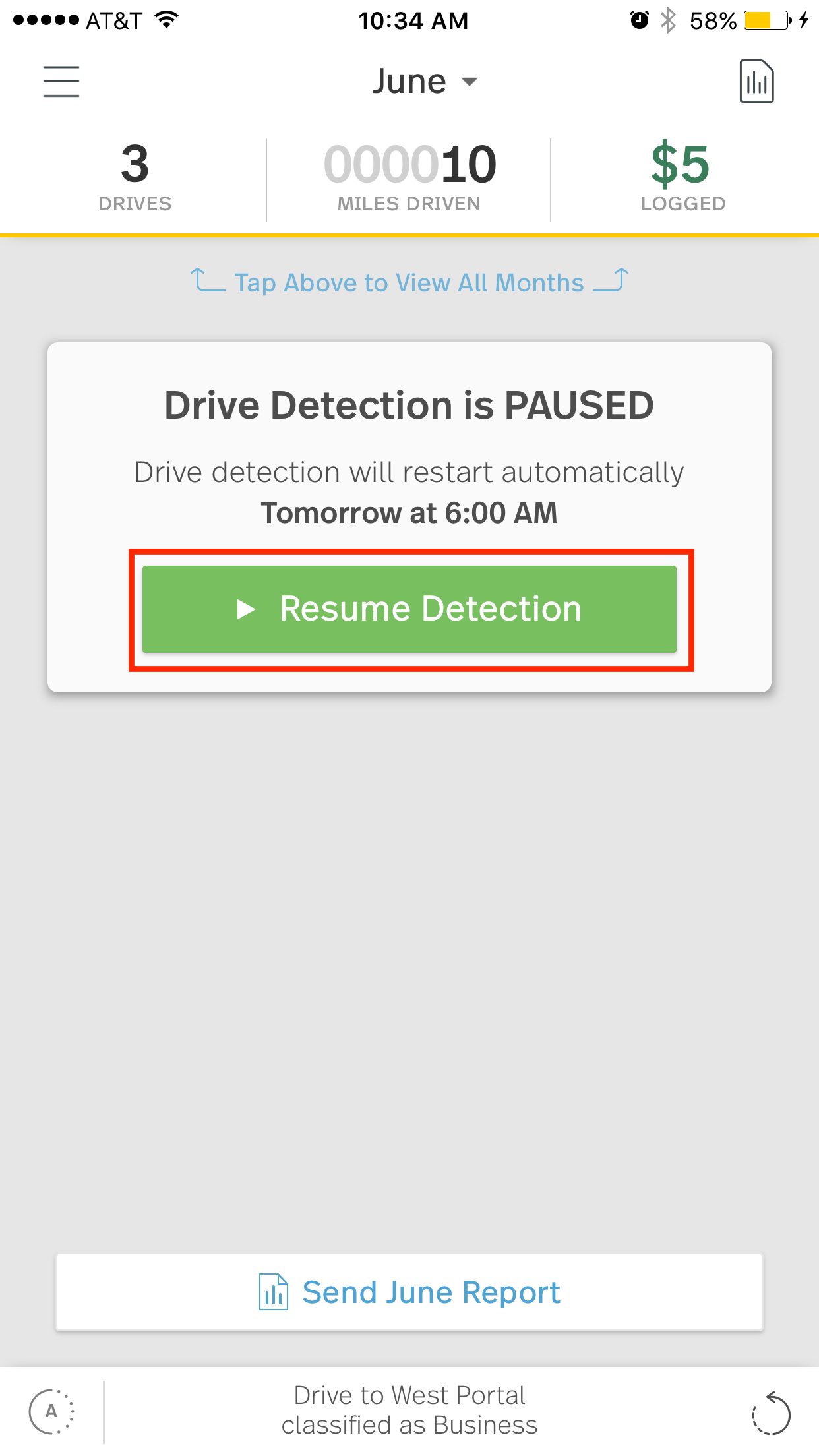 This image shows the MileIQ mobile app with drive detection paused. The resume detection button is highlighted.