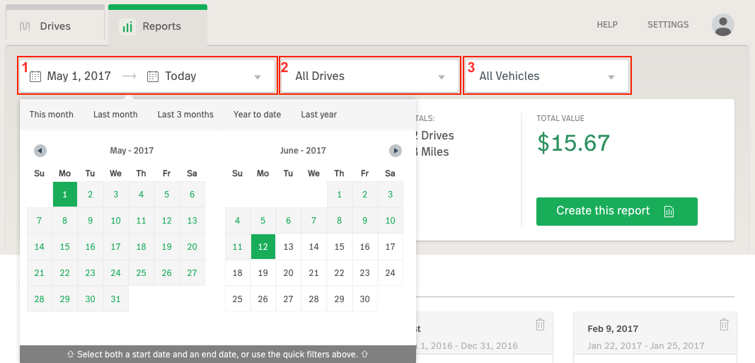 Screenshot showing the top portion of the Reports view in the Web Dashboard, highlighting the drop-down menus for the date chooser, drives chooser, and vehicles chooser (labeled 1, 2 and 3).