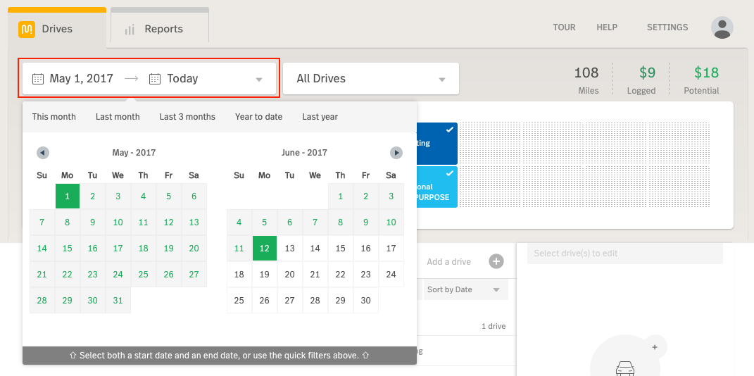 This image shows the MileIQ web dashboard, highlighting the Date Filter.
