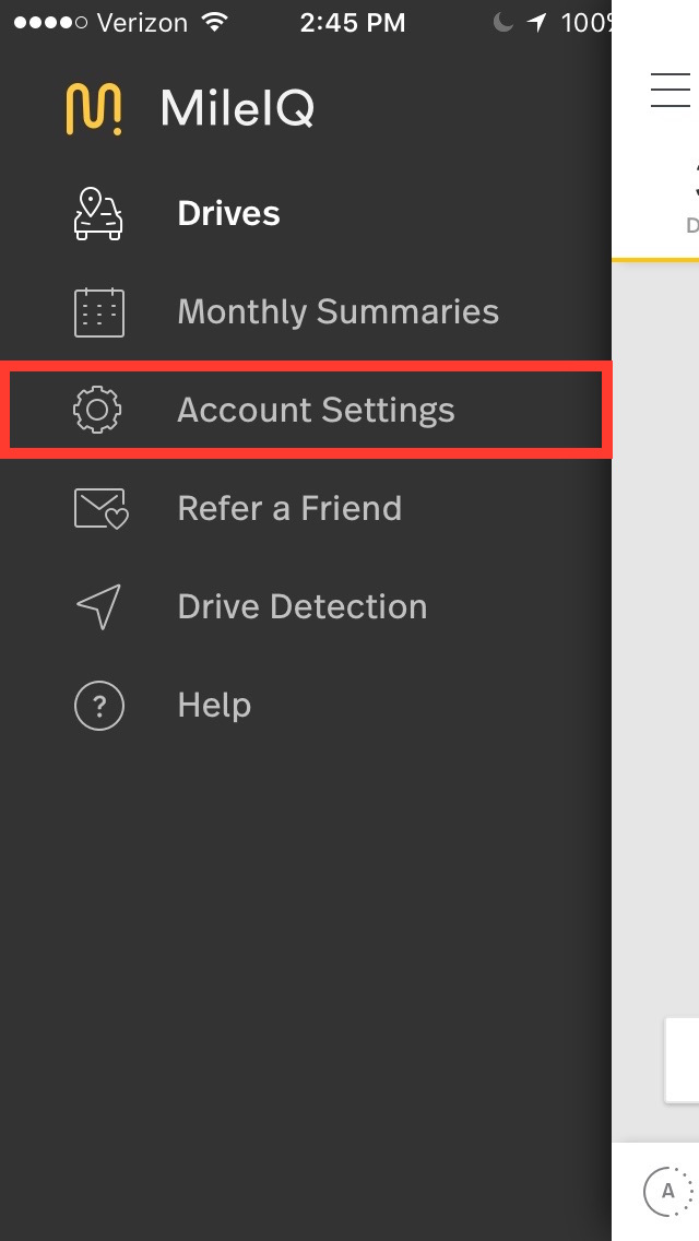 This image shows the settings menu on the mobile app, highlighting the Account Settings button.