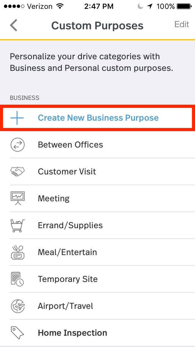 This image shows the Custom Purpose page, highlighting the '+ Create New Business Purpose' button.