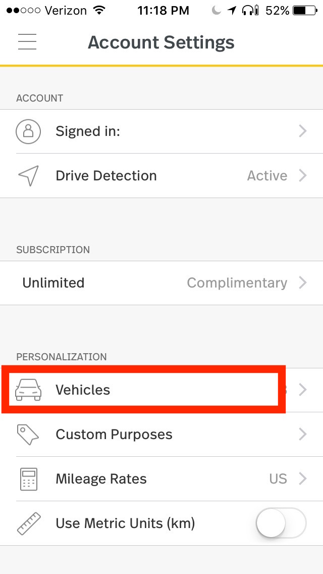 image of the “Account Settings” screen, with “Vehicles” highlighted.