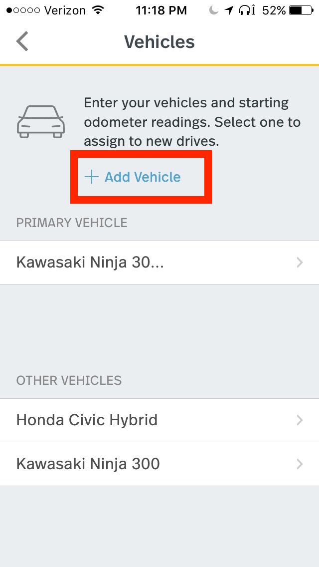 image of the “Vehicles” screen, with “+ Add Vehicle highlighted.
