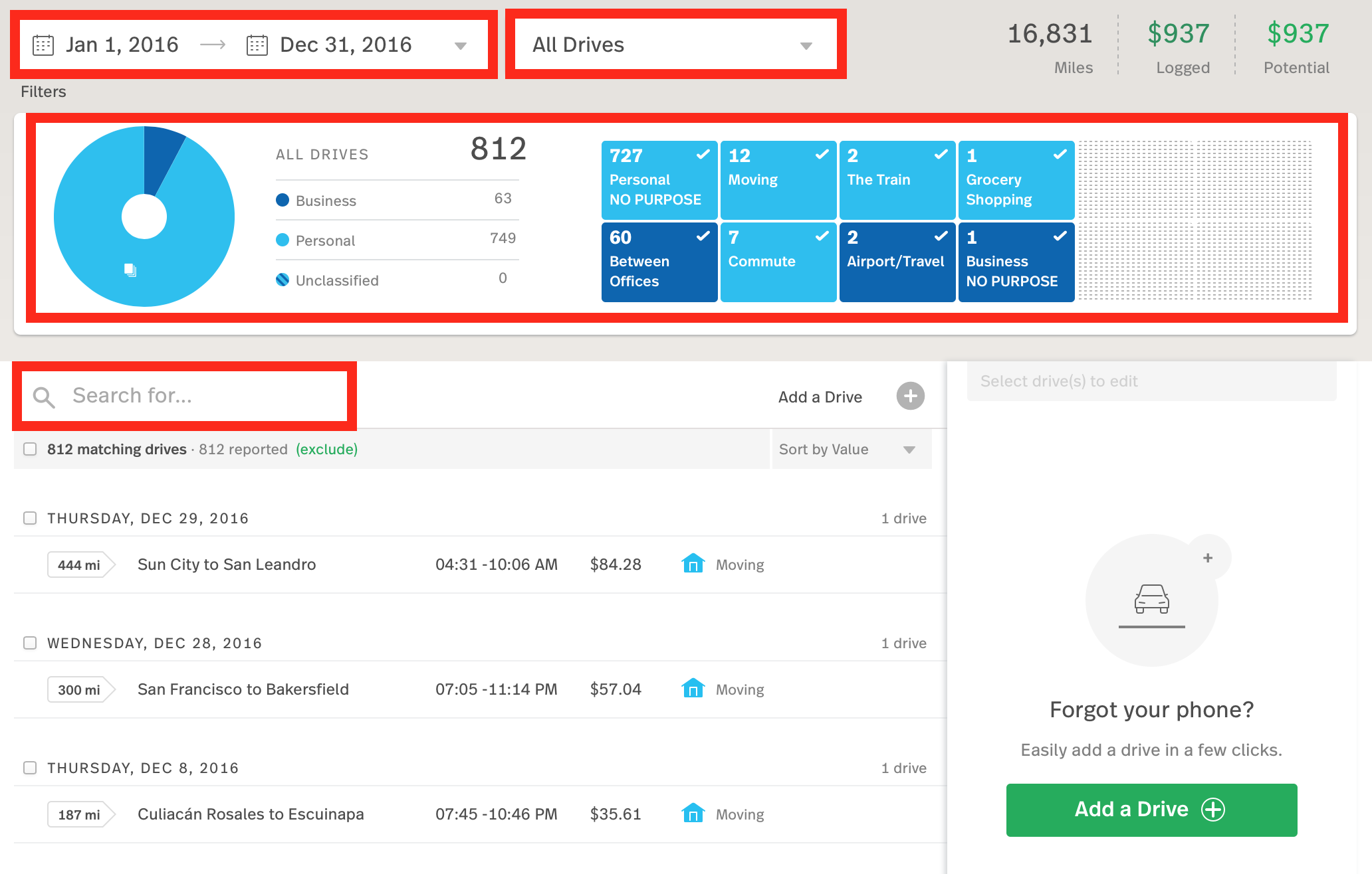 This screenshot is highlighting the different filtering options on the MileIQ web dashboard.