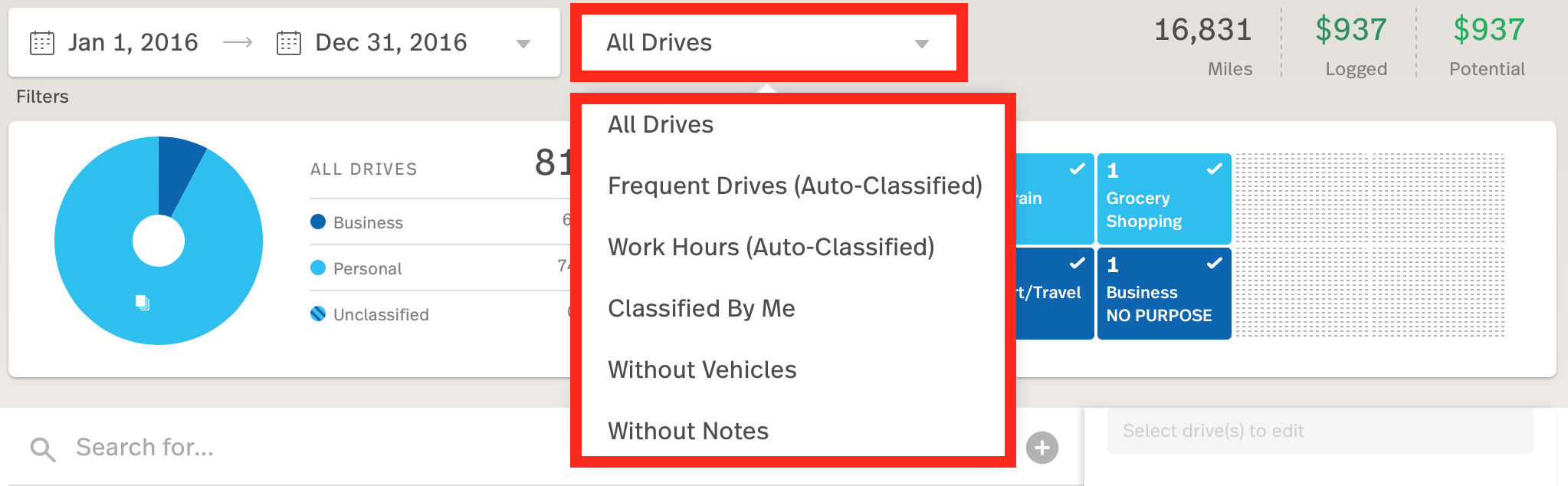 This screenshot is highlighting the All Drives filter on the MileIQ web dashboard.