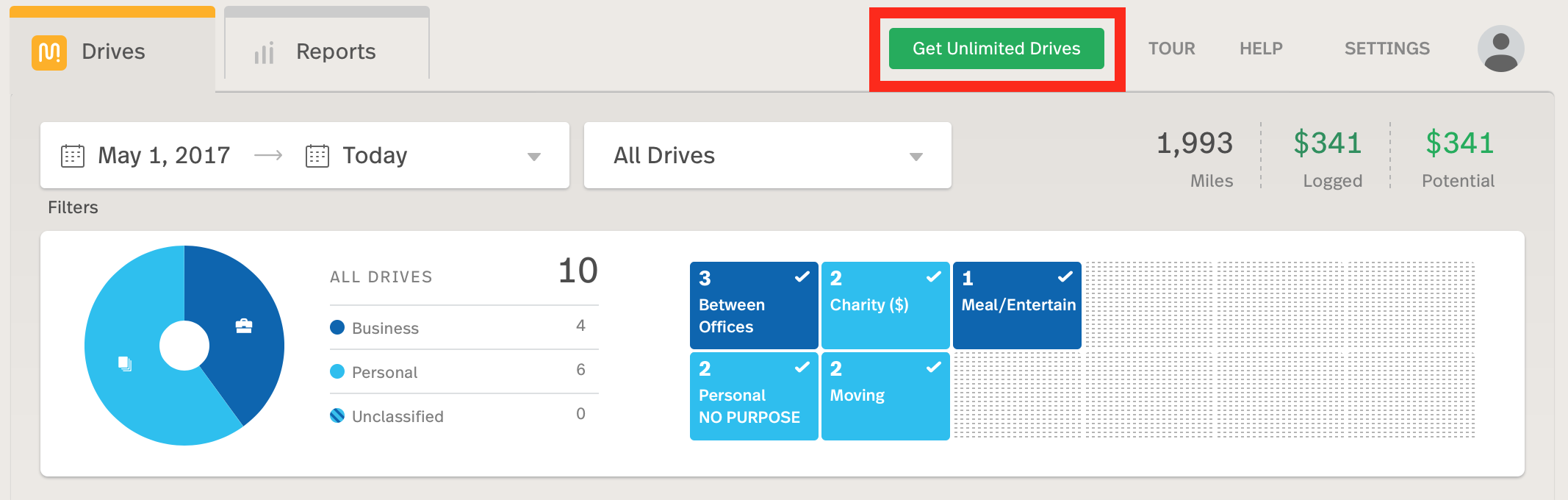 Screenshot shows the Get Unlimited Drives circled at the top of the web dashboard