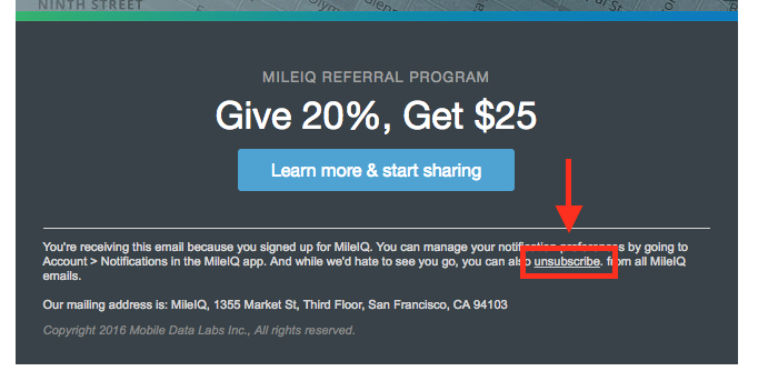 The screenshot shows the Unsubscribe link circled that's available in MileIQ emails