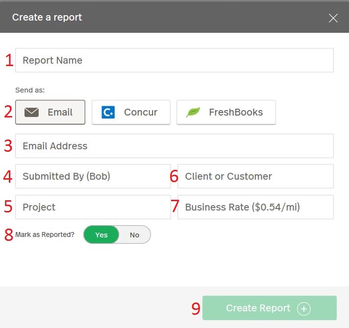 image of the “Create a Report” dialog box, highlighting each text field with a corresponding number to the instructions below the image: 1 Report Name, 2 Send As, 3 Email Address, 4 Submitted by (Bob), 5 Project, 6 Client or Customer, 7 Business Rate, 8 Mark as Reported? with toggle to “Yes”, 9 “Create Report” button