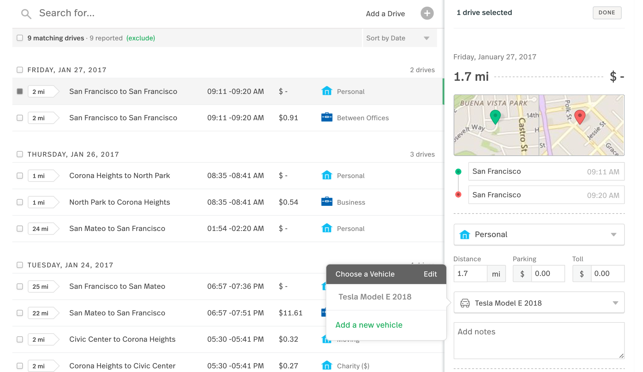 image of the “add a drive” modal with the “Choose a Vehicle” modal displaying one saved car and the option to add a new vehicle.