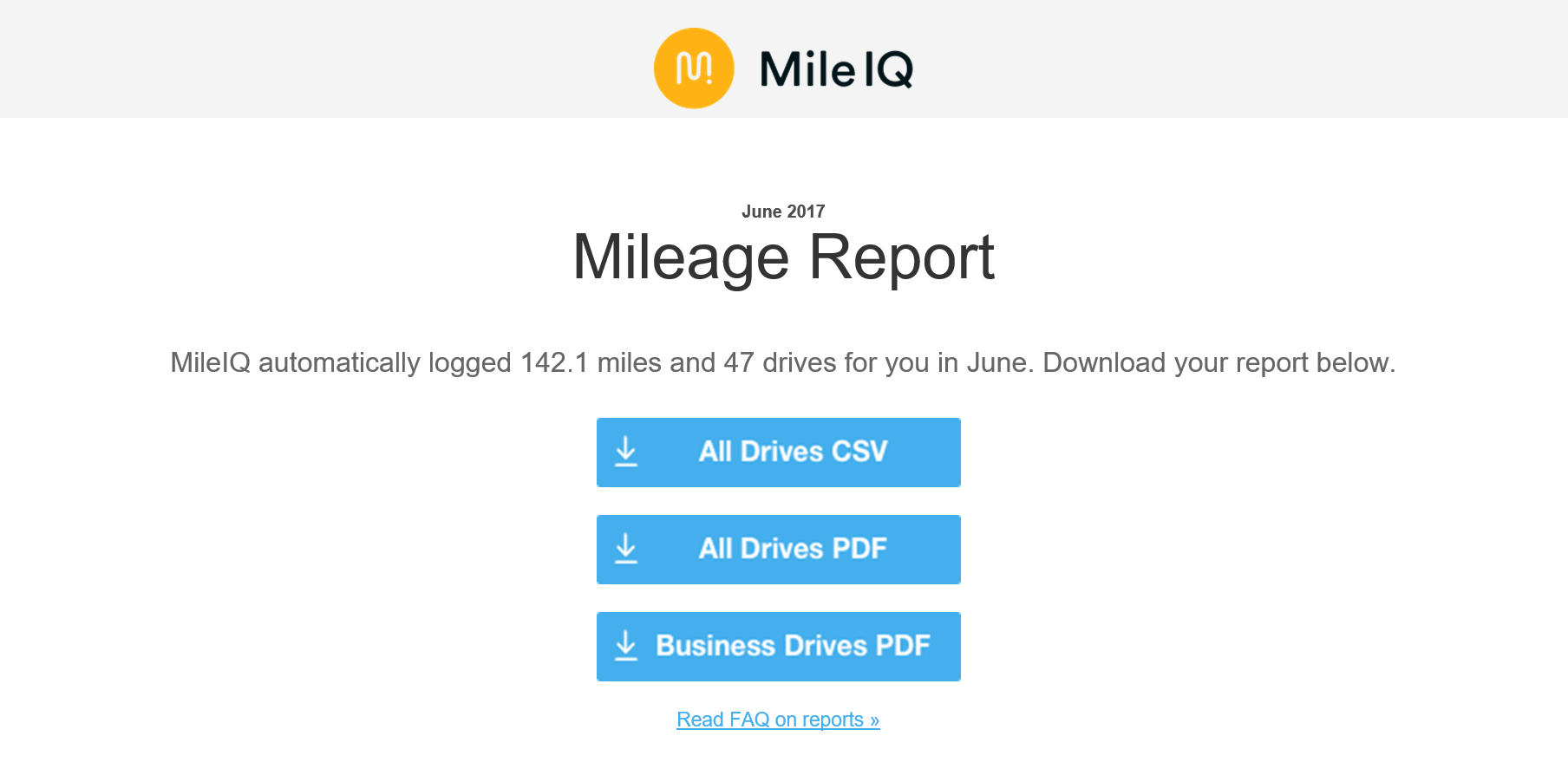 image of email with buttons to download CSV and PDF reports for June