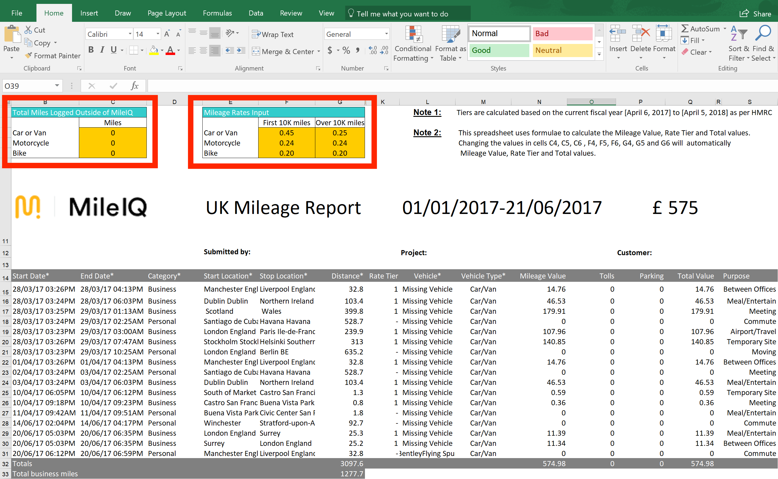 This image shows the tiered mileage report, highlighting the mileage rates input box.