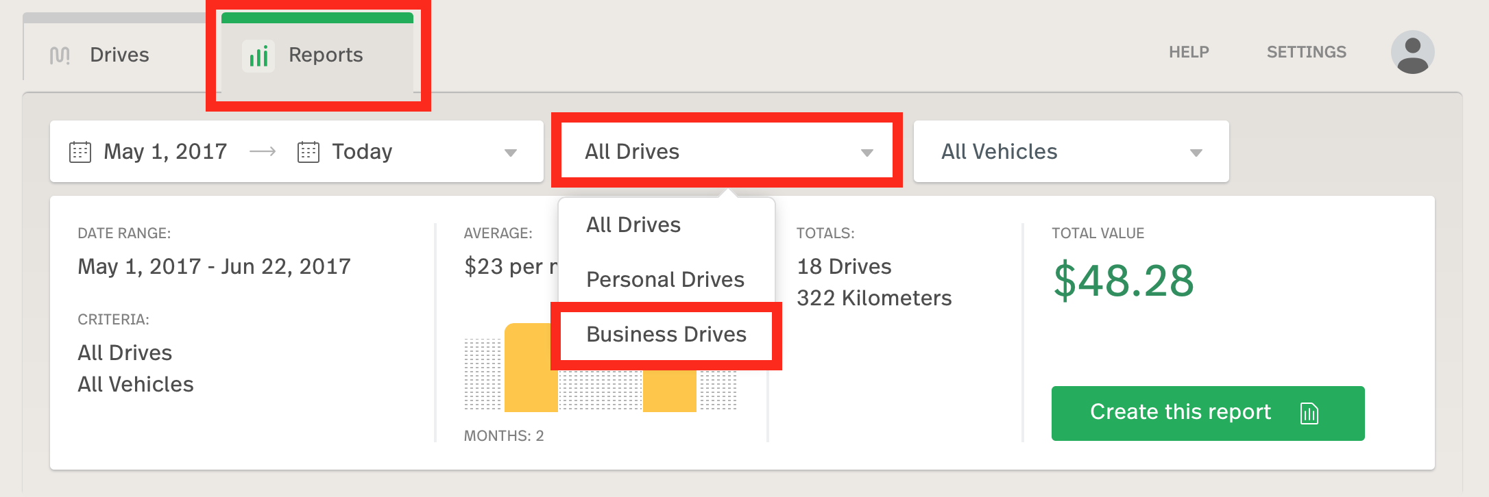 This image shows the reports tab, highlighting the business drives filter.