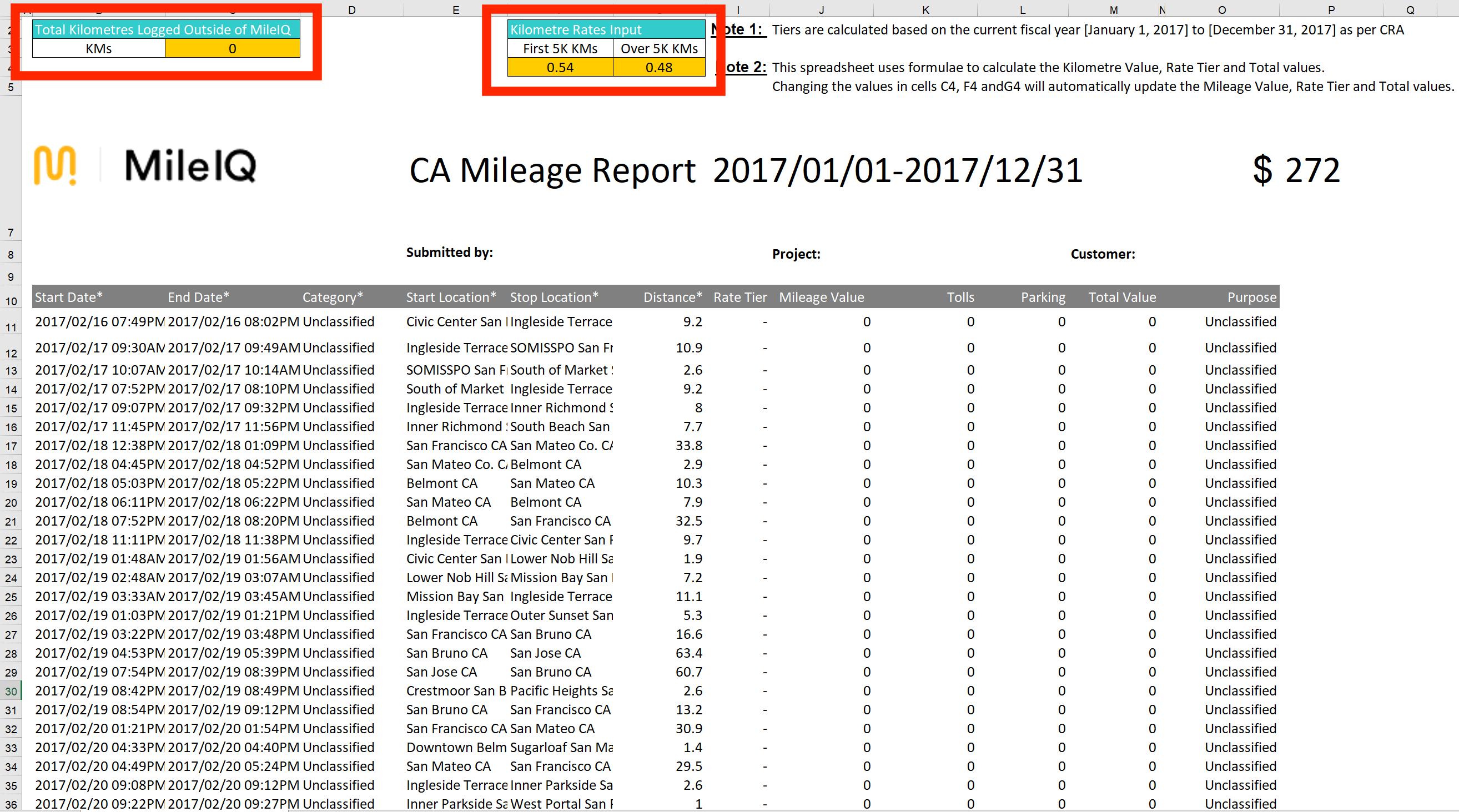 This image shows the Tiered Report in XLS, highlighting the Total Kilometers Logged Outside of MileIQ input table.