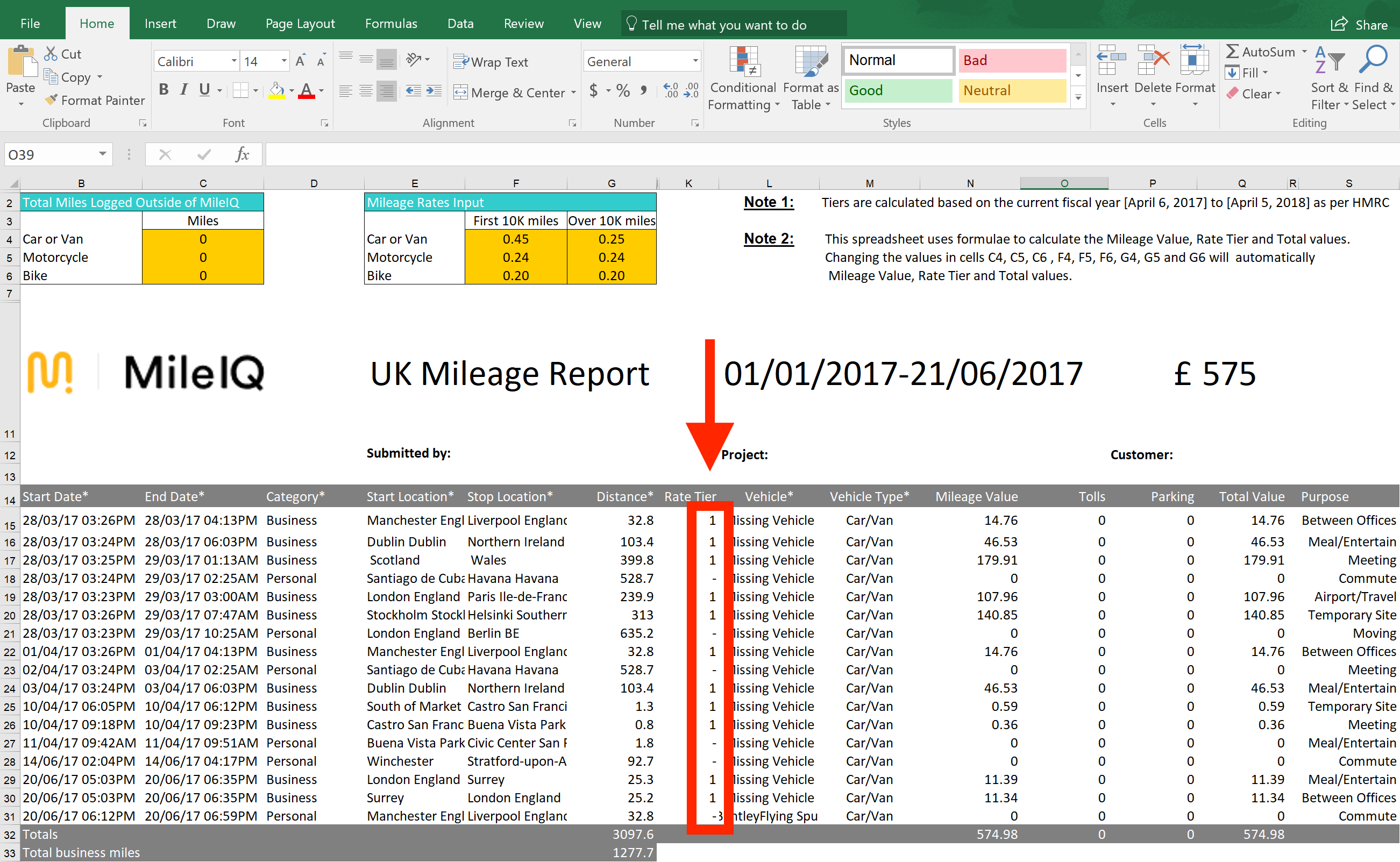 This image shows the tiered mileage report, highlighting the rate tier.