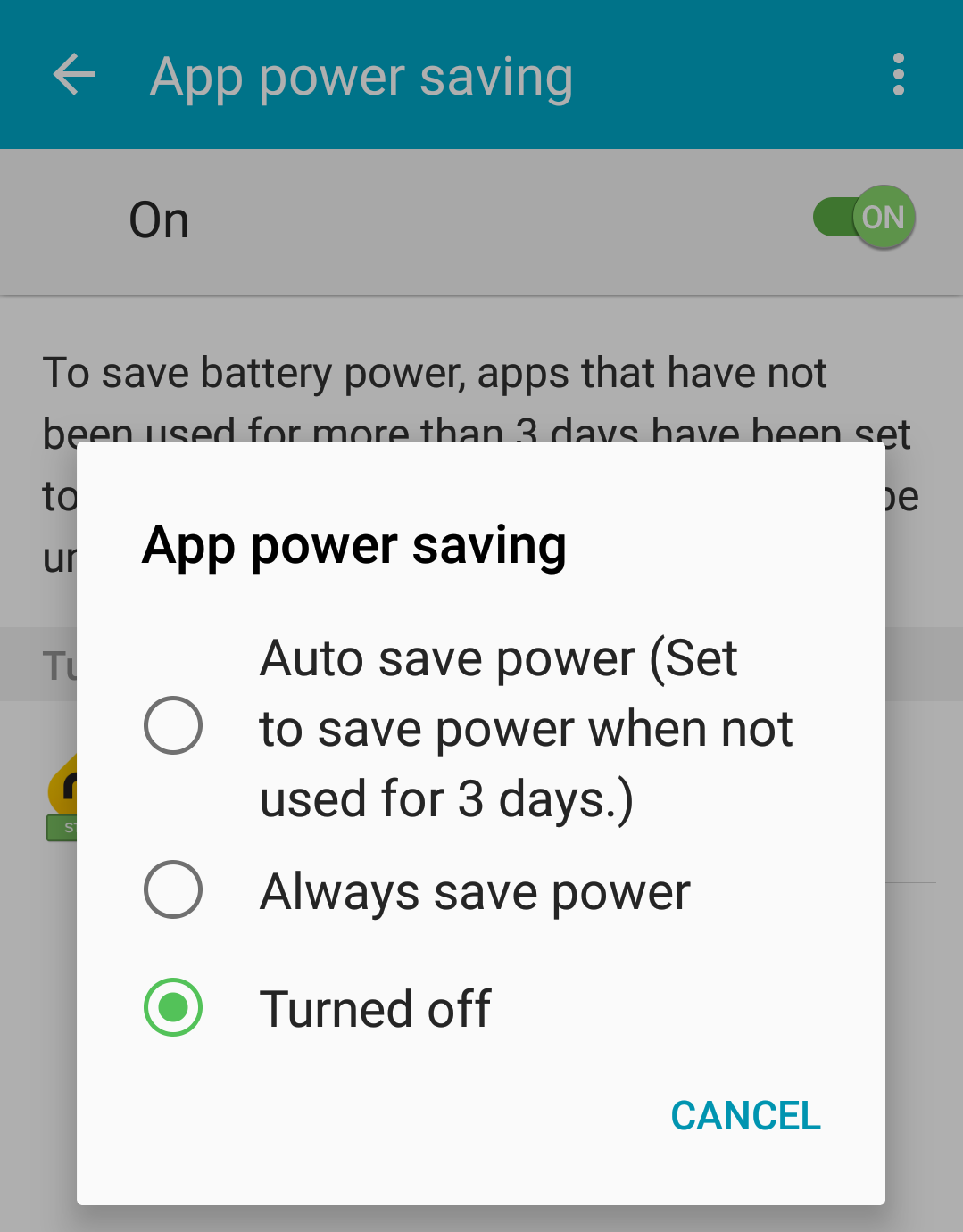This shows the app power saving mode is turned off for MileIQ