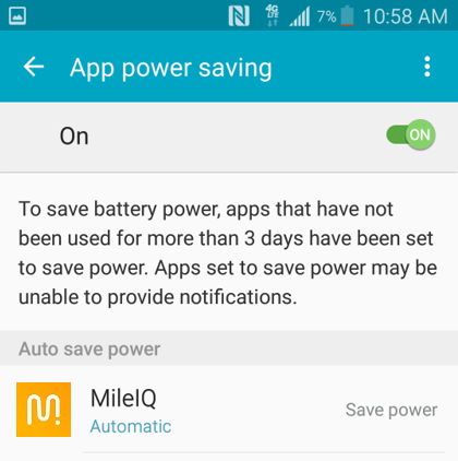 This shows the App power saving setting enabled on the device with MileIQ listed below