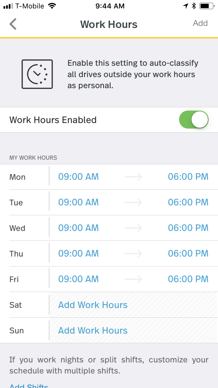 This screenshot shows Work Hours enabled with the times for each day of the week to set