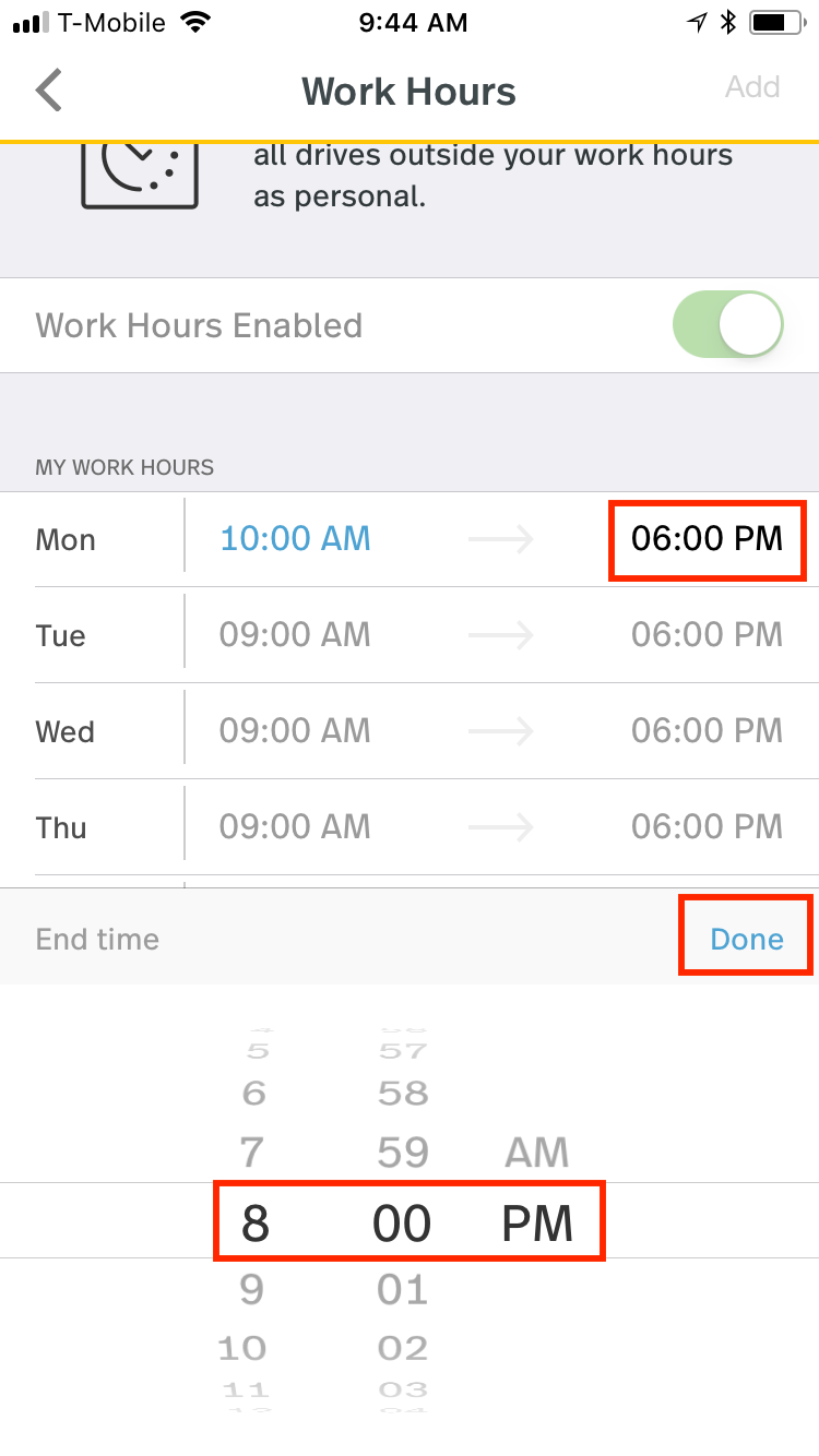 This screenshot shows the end time of a day with the option Done circled to save your changed
