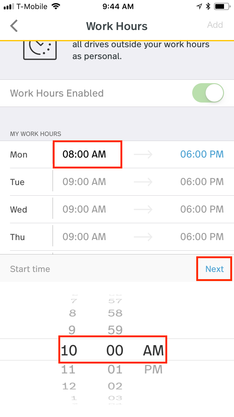 This screenshot shows setting the beginning time of a day with the option Next circled.