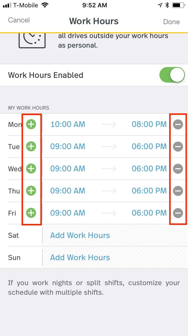 This screenshot shows the ability to add multiple shifts per day by taping the plus symbol next to the day of the week