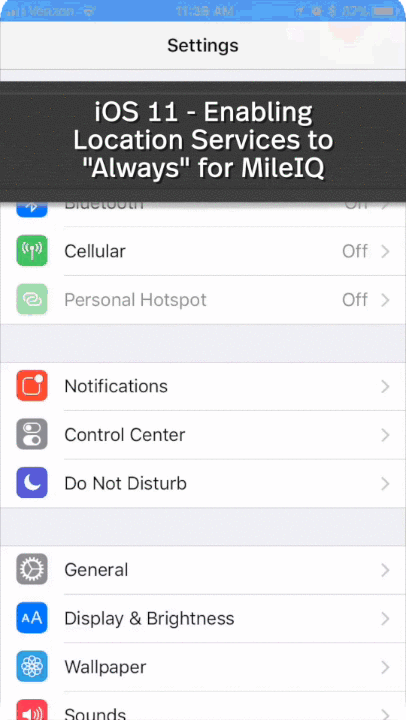 This image shows the Always option that's required for MileIQ to work