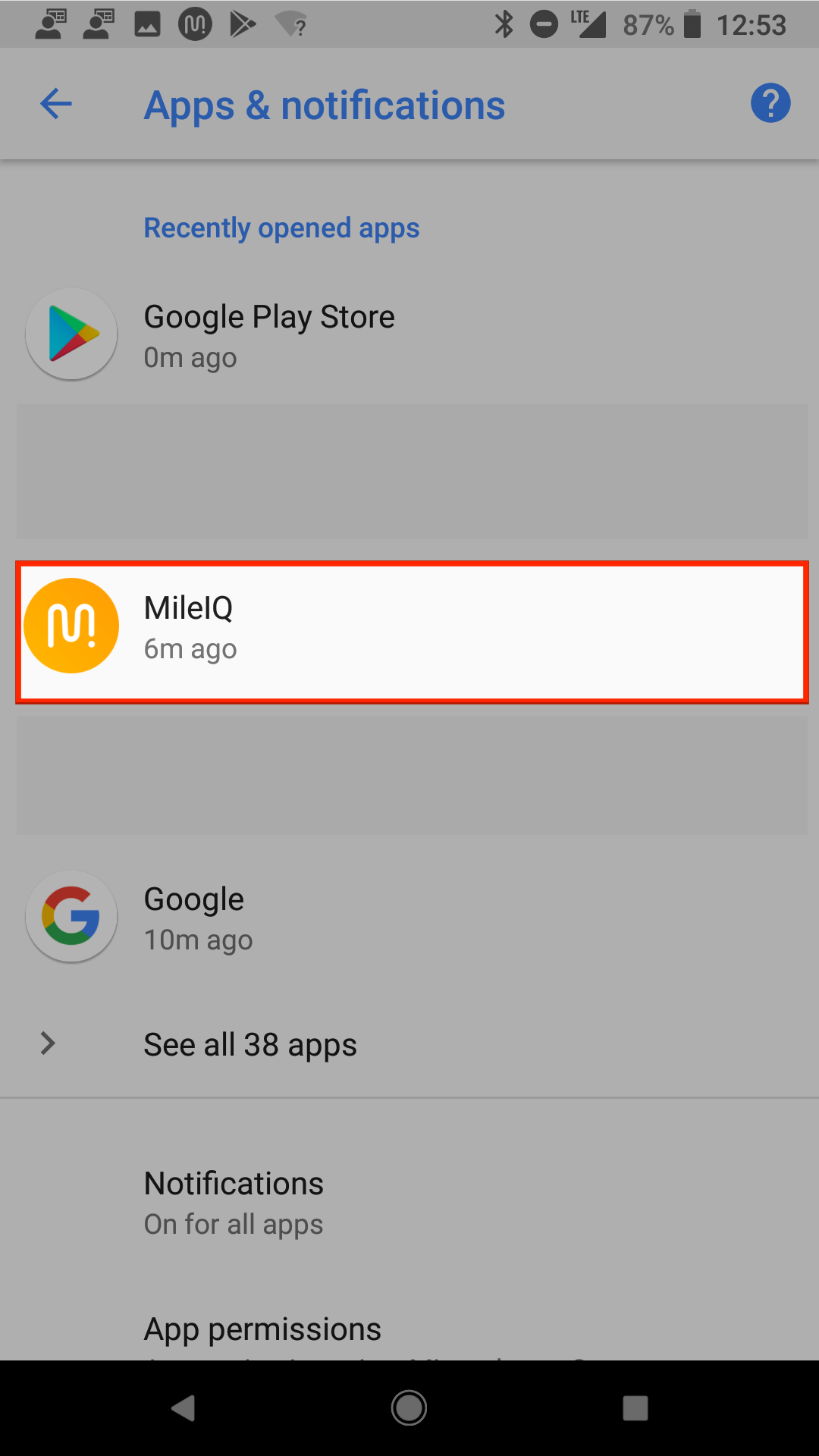 This image shows the MileIQ app within the Apps & Notifications page.