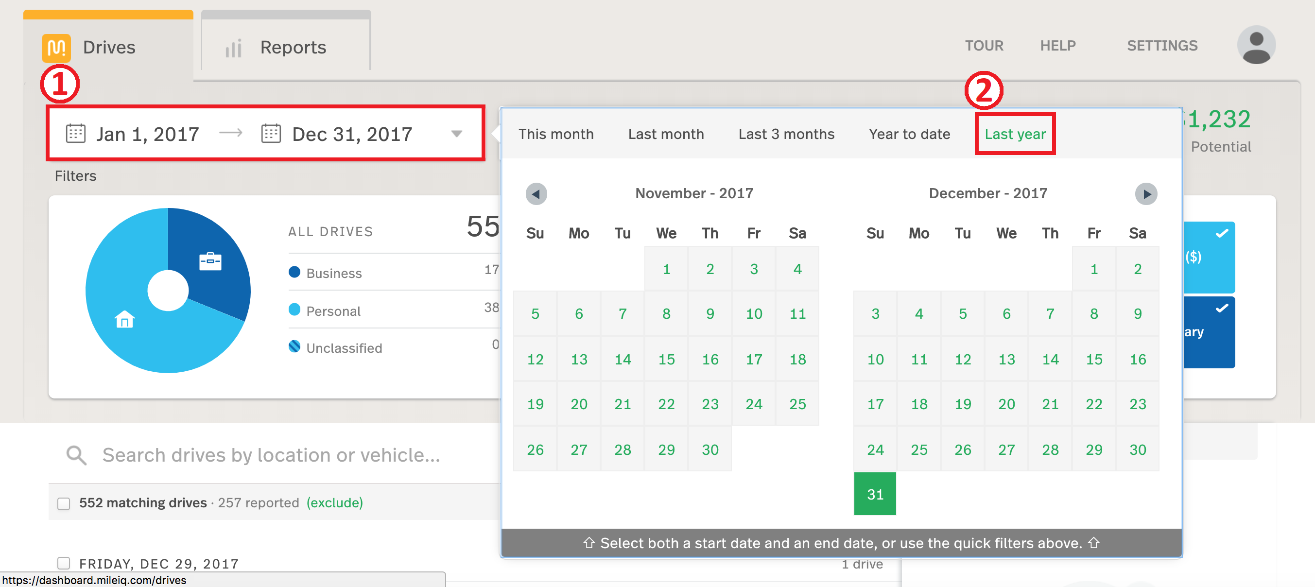 image of dashboard with date picker highlighted and enabled to show the “Last year” option selected