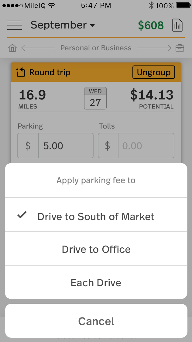 This image shows the options to apply a parking fee to the first leg of the drive, the returning leg of the drive, or both drives on the drive card.