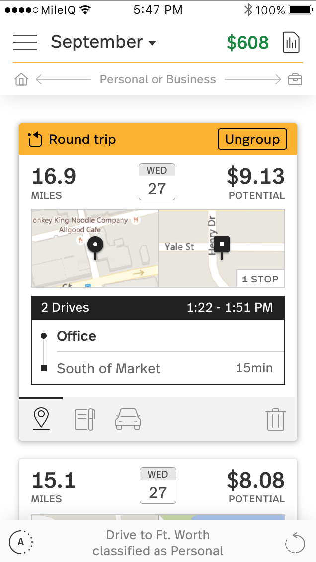 This image shows a round trip drive card on the mobile app.