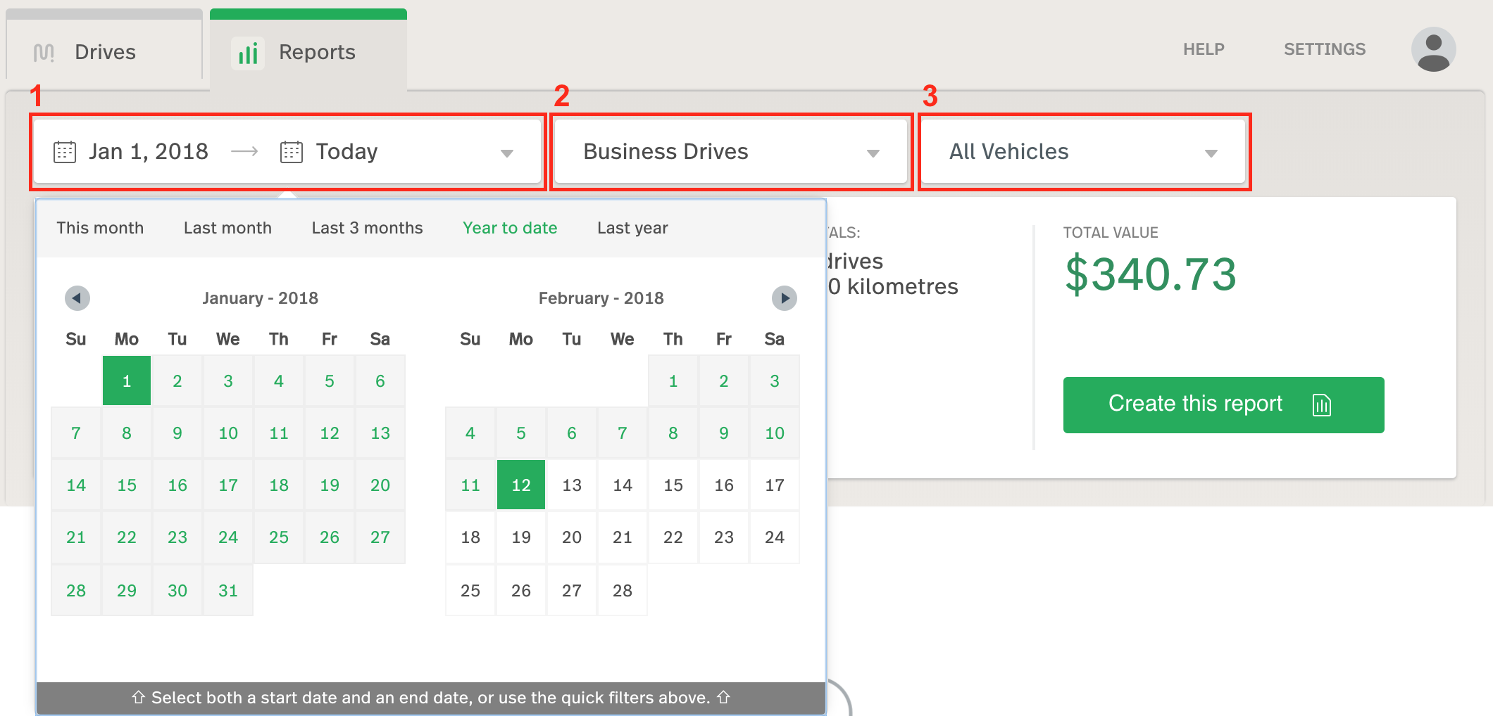 This image shows the Reports View. The date selector, drive selector, and vehicle selector are outlined in order.
