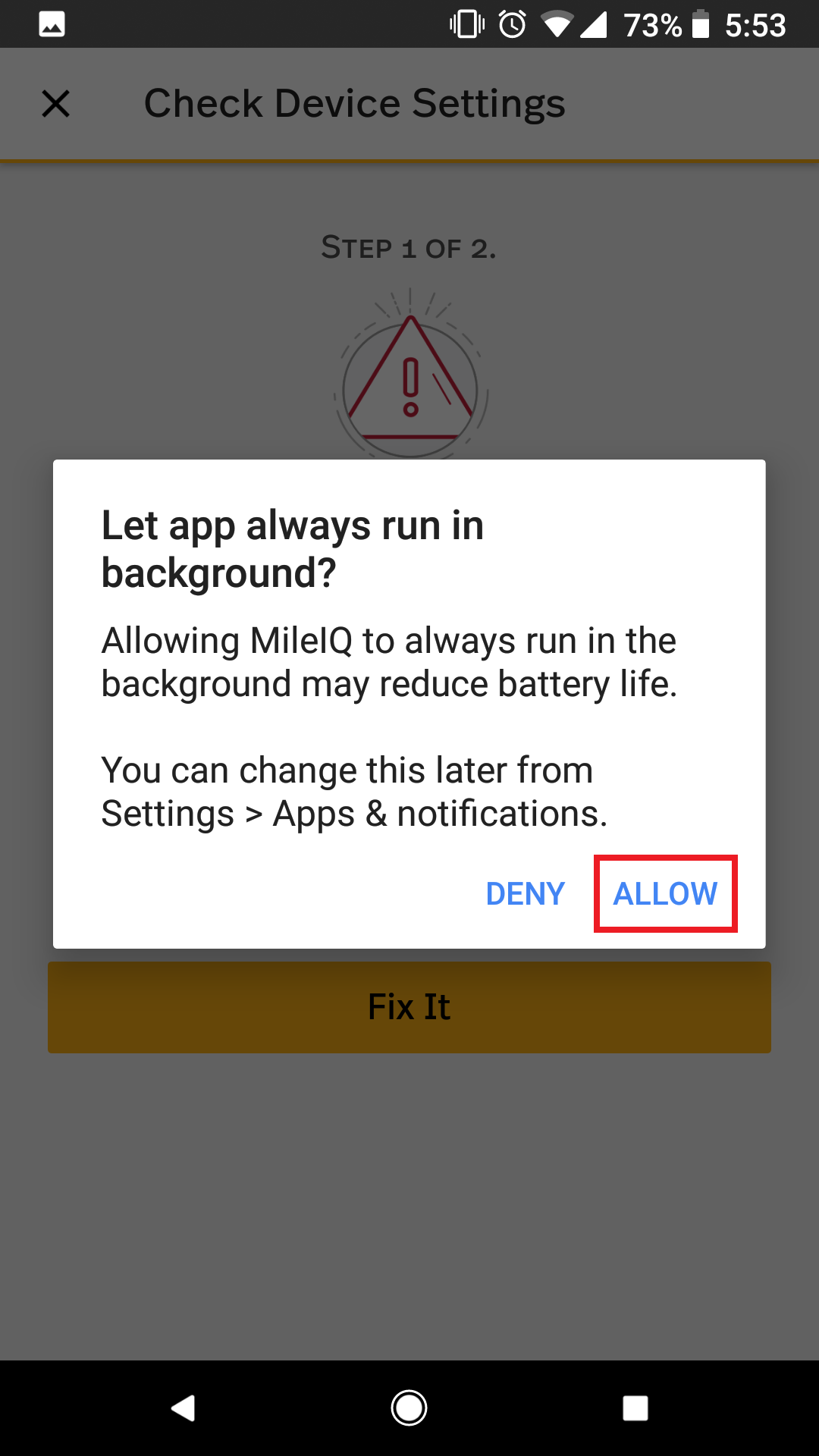 This shows tapping 'Allow' to optimize this setting for drive detection