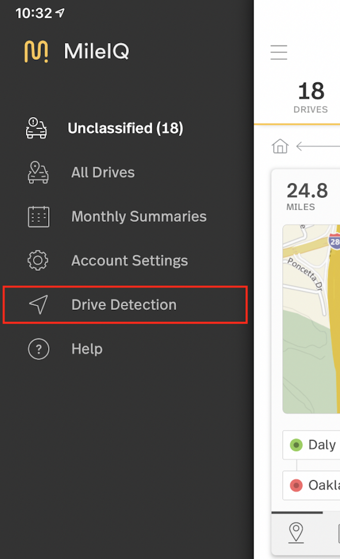 This image shows the settings pane on the mobile app, highlighting Drive Detection.