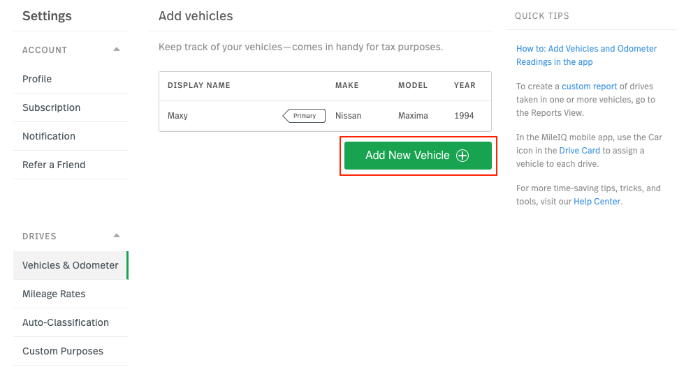 image of the Vehicles & odometer page, highlighting Add New Vehicle