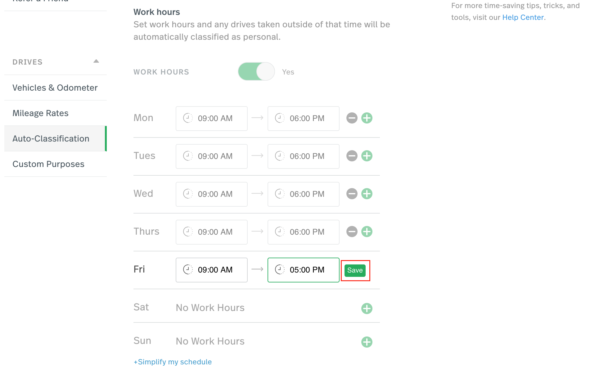 This image highlights the save button in the work hours section.