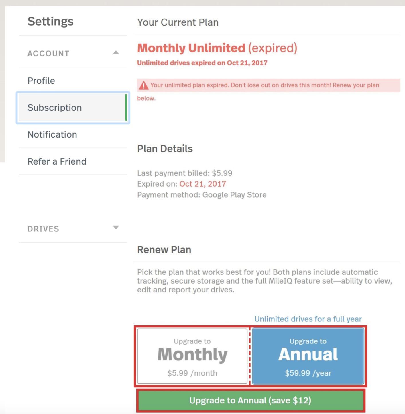 This shows the renewal options for your subscription for Monthly or Annual