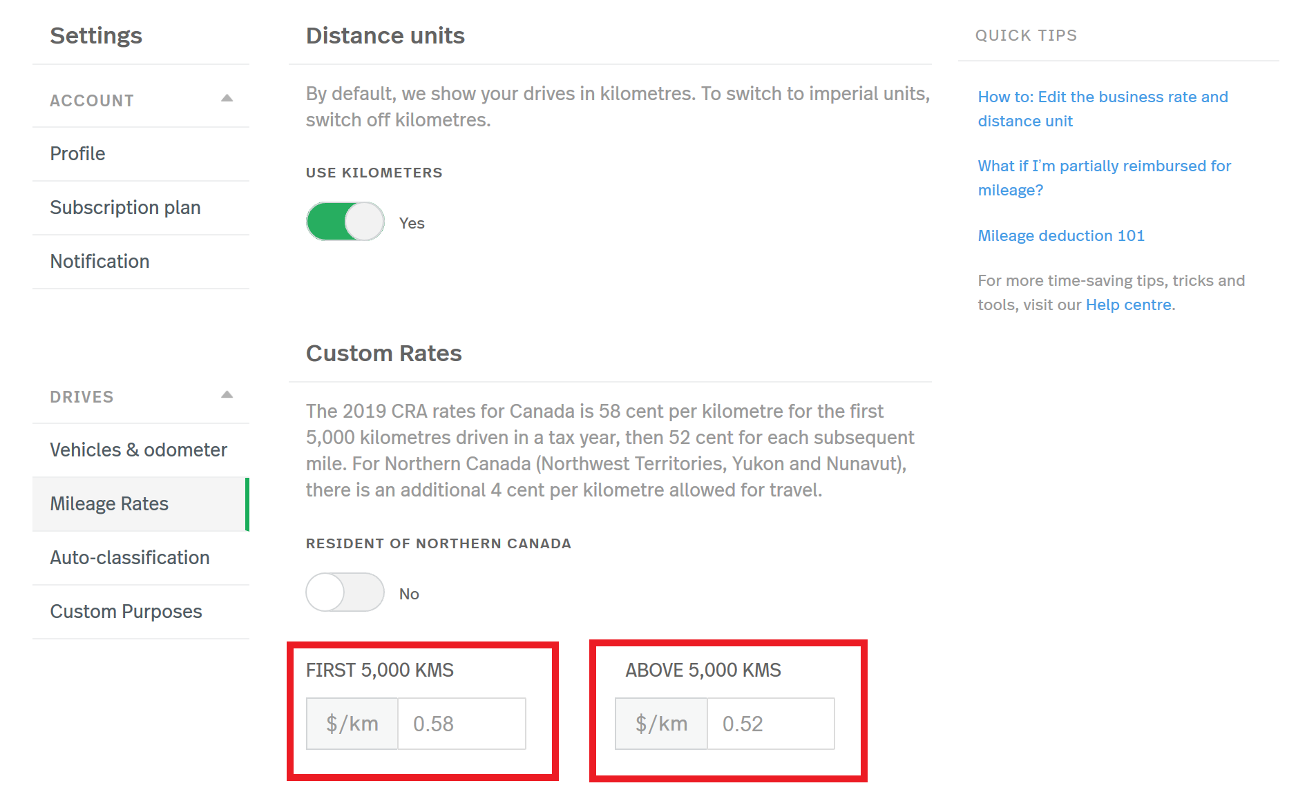 This screenshot shows the Rates and Units page of the MileIQ web dashboard. There are red boxes outlining the rates within and above 5,000 kilometres