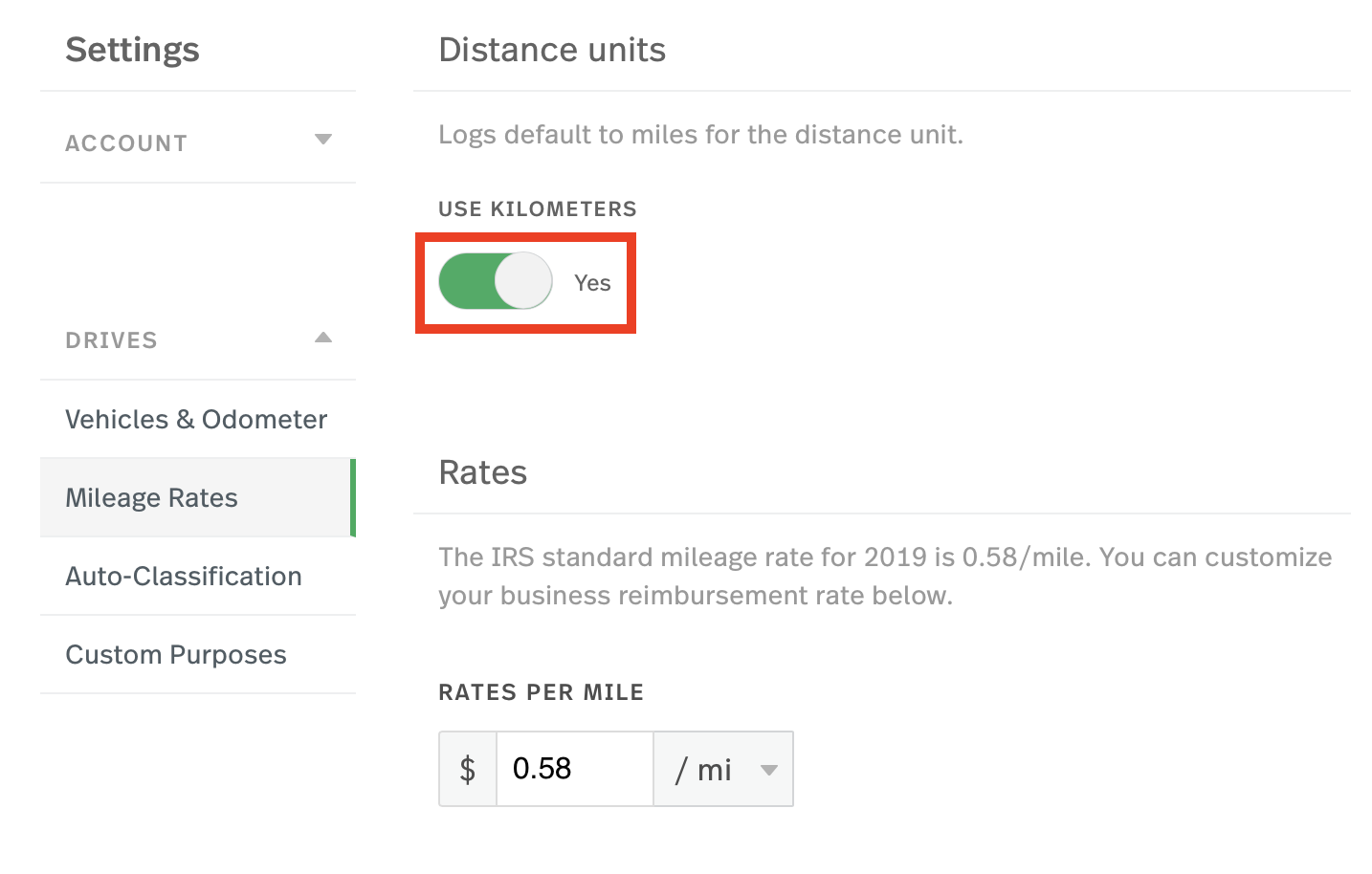 This is a screenshot of the Mileage Rates page with the distance unit toggle highlighted to Yes for Kilometers.