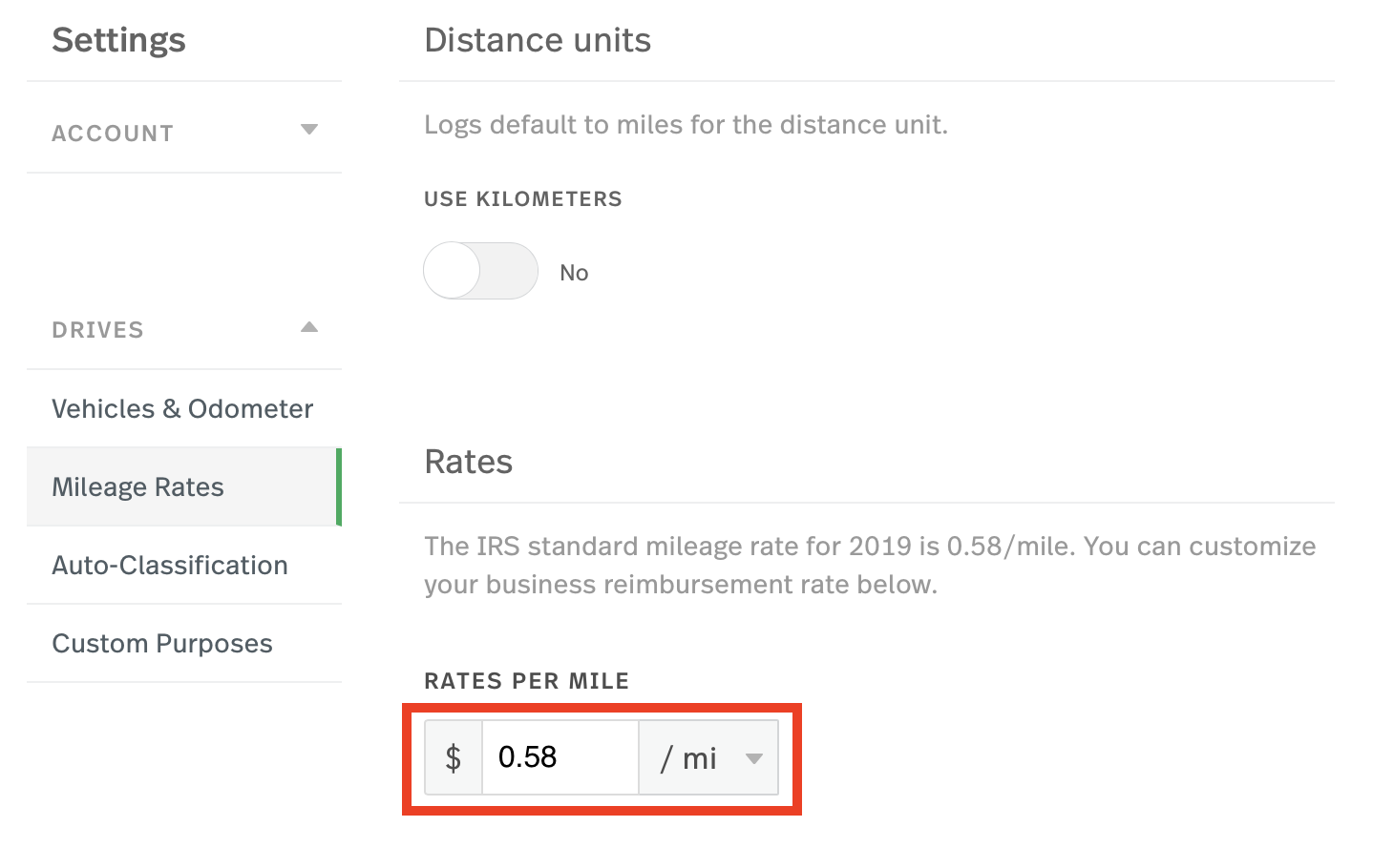 This is a screenshot of the Mileage Rates page with the rate selection highlighted.