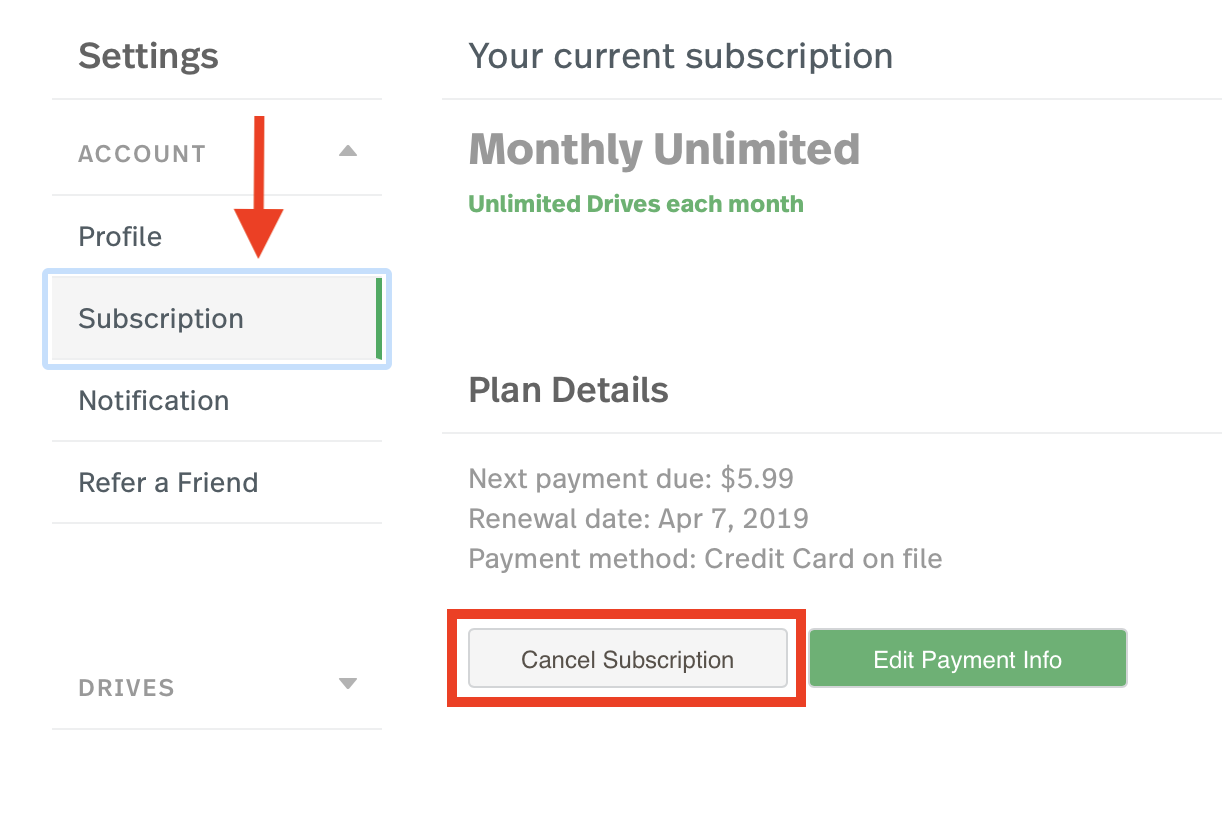Screenshot shows the Subscription Plan page with the option to cancel circled