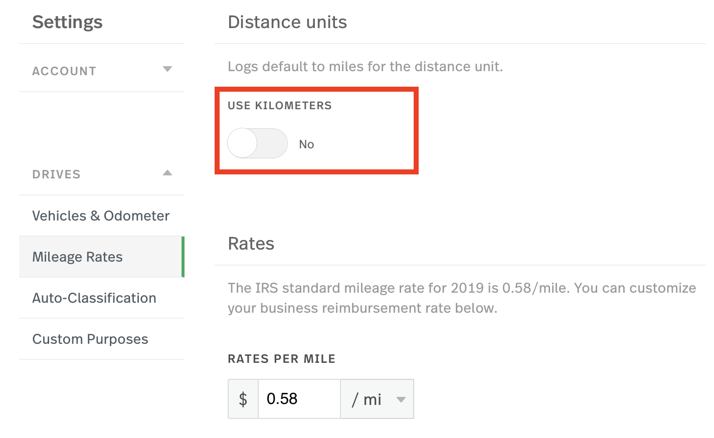 This is a screenshot of the Mileage Rates page with the distance unit toggle highlighted to No for Kilometers.g