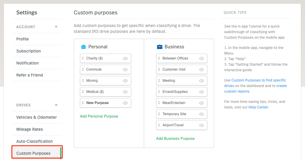 This image shows the custom purpose page, highlighting custom purposes.
