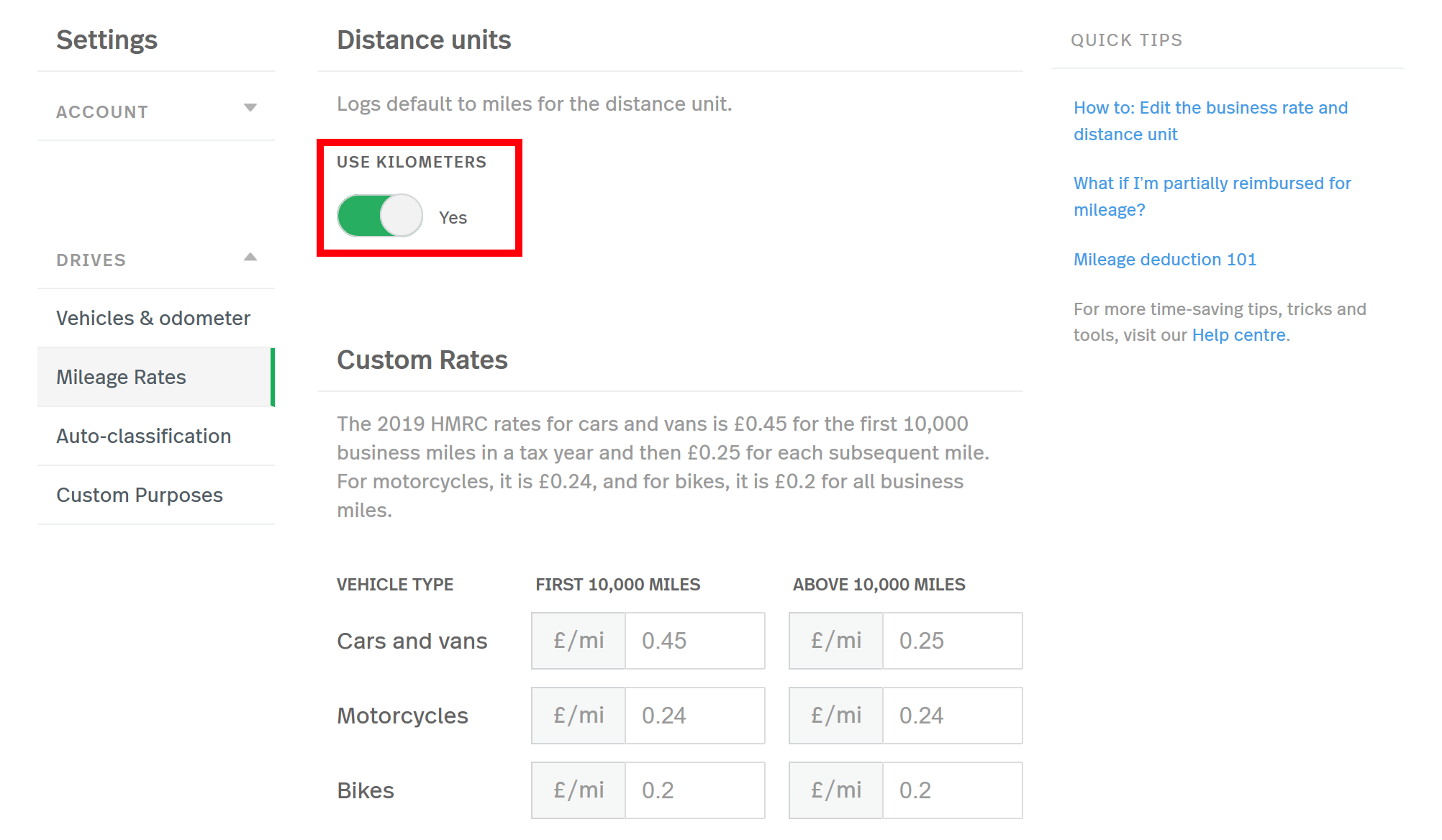 This screenshot shows the Mileage Rates settings page, highlighting the  metric unit (km) enabled toggle