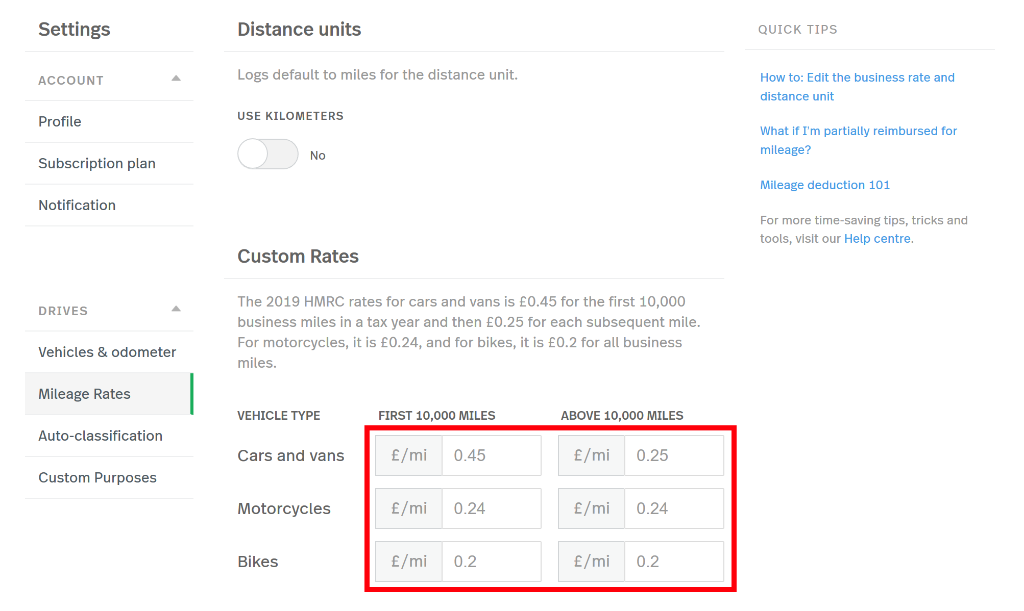 This screenshot shows the Mileage Rates settings page, highlighting the custom rate boxes