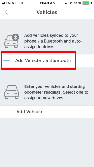 Screenshot of the Add Vehicles screen showing Bluetooth and manual options for adding vehicles