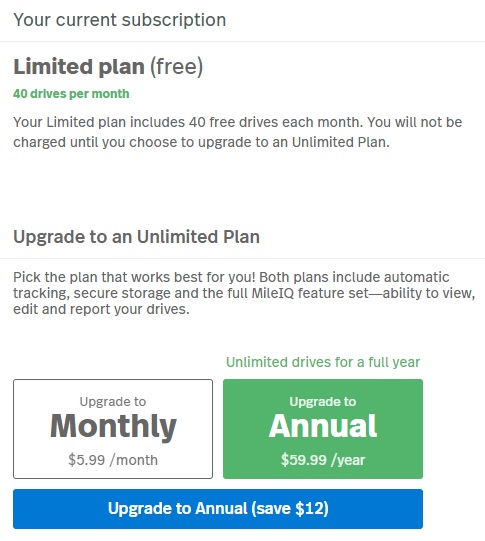 Screenshot displays the Monthly and Annual subscription options in the web dashboard