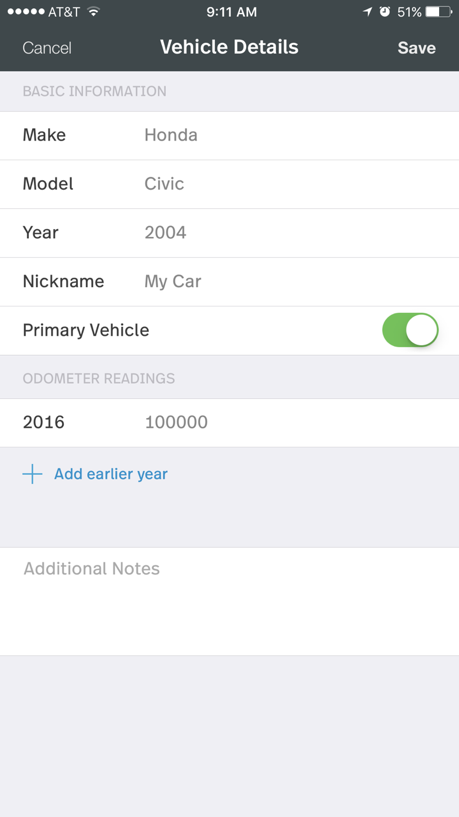 This image shows the Vehicle Details page, with the Primary Vehicle toggled green.