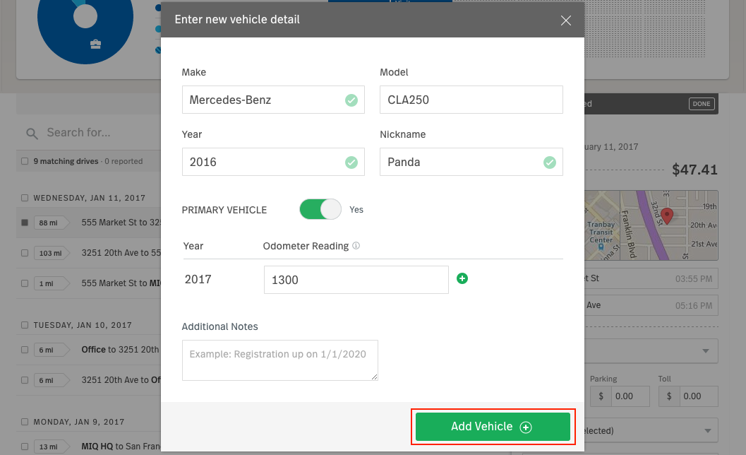 image of the web dashboard “Settings: Vehicles” screen, with “Add New Vehicle” button highlighted