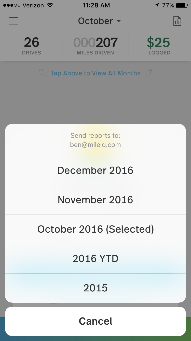 Screenshot showing menu choices once you tap the report icon in the MileIQ app.